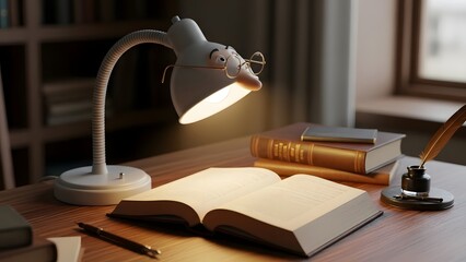 Whimsical study desk scene with an open book, character reading lamp, stack of vintage books, and traditional quill and inkwell