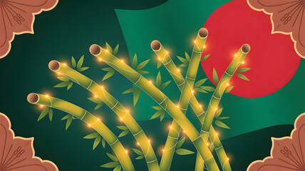 Green and red illustration with bamboo and festive lighting design elements.