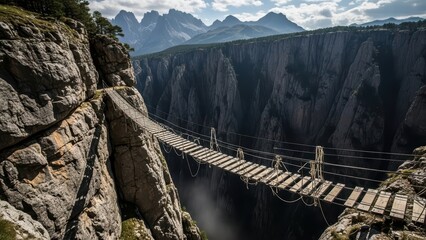 Rustic suspension bridge spanning deep gorge amidst dramatic mountain landscape