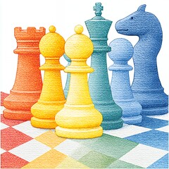 Colorful Pastel Chess Pieces on Rainbow Checkered Board