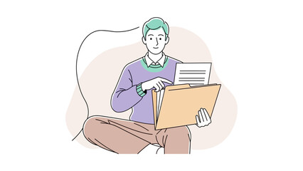 Young man reading documents from a folder while sitting cross-legged on the floor in a