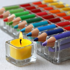Colorful Pencils and Lit Yellow Candle on White Background