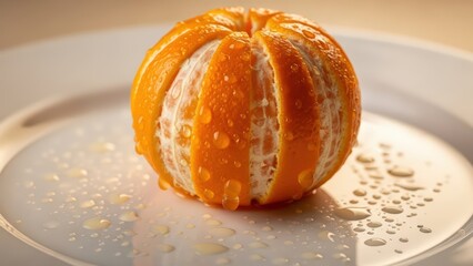A partially peeled, wet orange sits on a white plate with water droplets, illuminated by warm light.