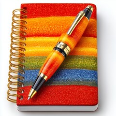 Colorful Rainbow Striped Notebook and Pen on White Background
