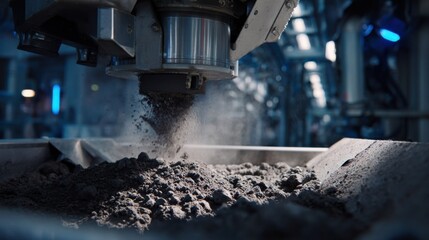 Medium shot capturing robotic machinery sorting and refining raw moon soil inside a cuttingedge lunar regolith processing plant.