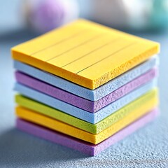 Colorful Stack of Square Sticky Notes on Blue Surface