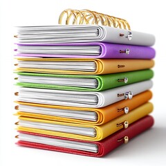 Colorful Stack of Spiral Notebooks on White Background