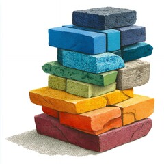 Colorful Stack of Textured Rectangular Blocks on White Background