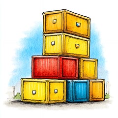 Colorful Stack of Wooden Crates Against a Light Blue Sky