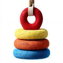 Colorful Stacked Rings Hanging Against White Background