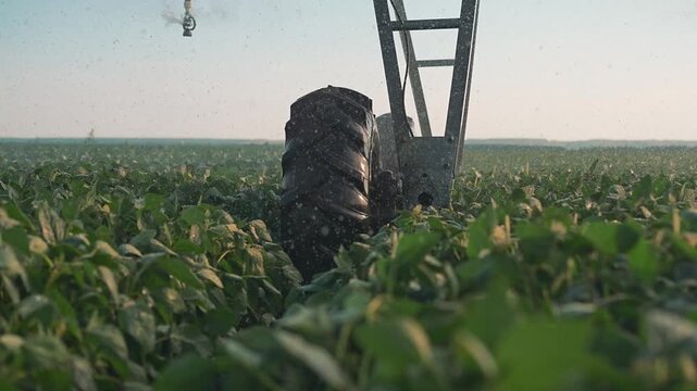 Pivot irrigation wheel moves through soybean field spraying water droplets. Farm equipment wheel irrigates crop. Soybean plants receive water spray. Pivot system waters field. Agriculture machinery.