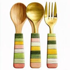 Colorful Striped Wooden and Gold Utensil Set on White