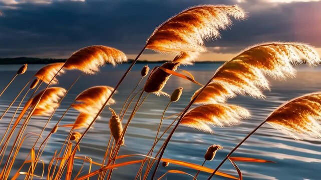 Pampas grass and cattails swaying gently by a serene lake at golden hour, illustrating a peaceful nature concept with tranquil light