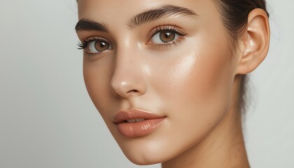 Naklejka premium Show thinkingClose-up of a beautiful brunette woman with fresh clean skin and natural makeup for a beauty skincare and fashion glamour studio portrait