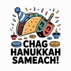 Chag Hanukkah Sameach Greeting Card with Dreidel and Latke Illustration