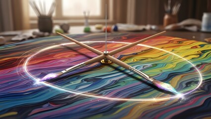 Creative paintbrushes arranged as clock hands on vibrant swirling abstract painting with glowing magic circle