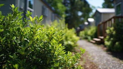 Medium shot focusing on green spacing in a tiny home community featuring homes separated by lush vegetative buffers promoting privacy and environmental harmony.