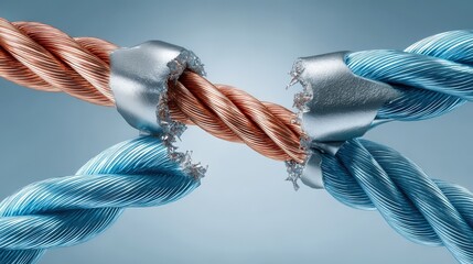 Two different colored insulated cables are shown snapped apart with exposed metal conductors