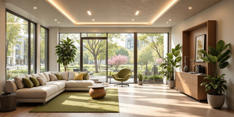 Corporate wellness room with AI-powered air filtration, ergonomic furniture, and natural elements. This room includes comfortable seating, ambient lighting