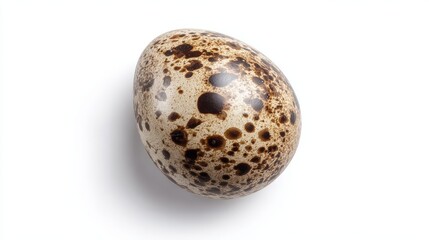 Single speckled ovum rests against a clean white background with soft shadow