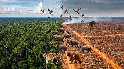 Animals migrate through deforested land to preserved forest