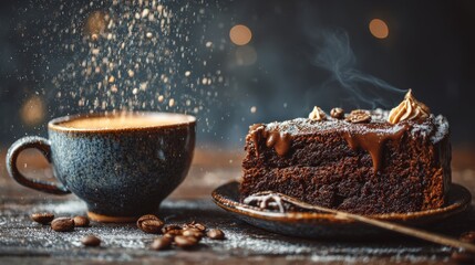 Steaming hot beverage receives a dusting of fine powder beside a rich slice of chocolate confection