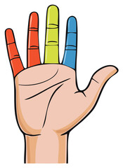 Obraz premium Stylized open hand illustration with brightly colored red, green, and blue fingers, palm visible.