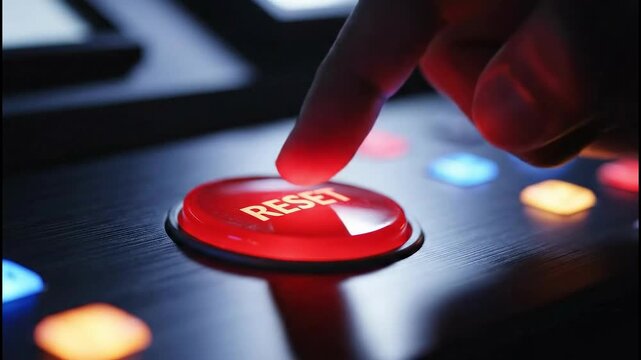 Reset Button: A finger poised to press a prominent red reset button, signaling a fresh start, decision, or adjustment with anticipation and control.