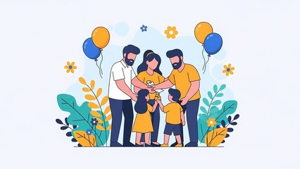Fototapeta premium A happy family with two fathers and two children surrounded by colorful balloons and flowers