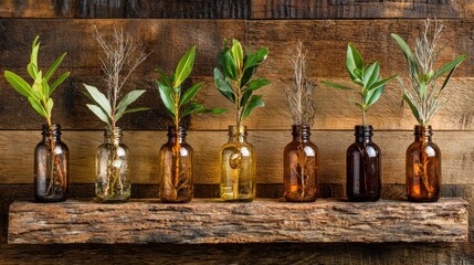 Assortment of botanical cuttings displayed in glass vials upon a rustic wooden surface