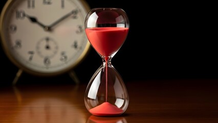 Hourglass with red sand flowing and blurred vintage clock background, symbolizing time passing, deadlines, and time management concepts