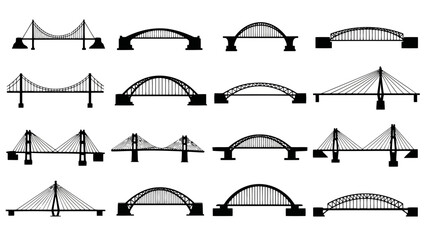 A collection of various bridge designs illustrated in a simple black and white style
