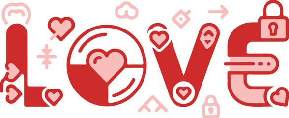 Vector art of red love symbols and icons in various shapes for valentines day