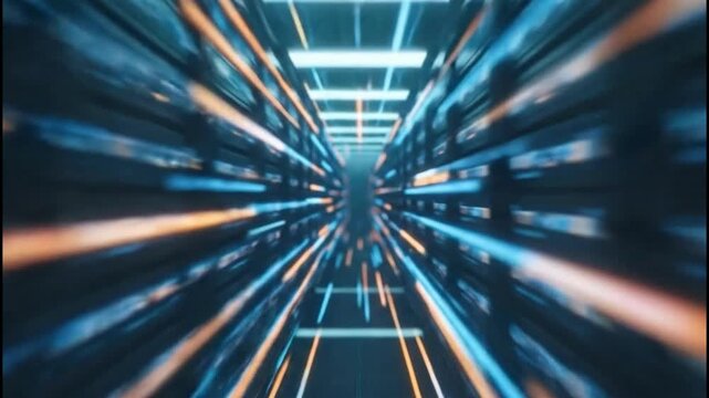 Data Tunnel: The scene captures the energy and data streams within a futuristic, high-tech tunnel, with illuminated lines streaming through space.