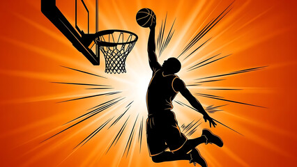 Dynamic basketball dunk at sunset isolated on white background