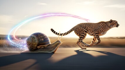 Surreal snail with glowing light trail racing and overtaking a cheetah on a road, concept of speed