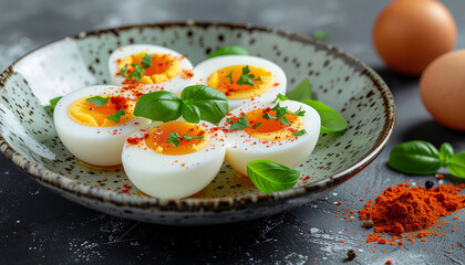 Hard Boiled Eggs with Paprika and Fresh Basil on Ceramic Plate
