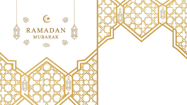 Ramadan Mubarak greeting card with golden ornate frame and hanging lanterns.