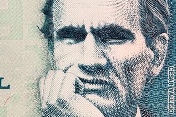 Cesar Vallejo a closeup portrait from old Peruvian money