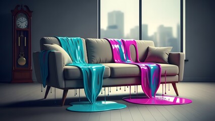 Surreal modern living room interior with a beige sofa covered in vibrant turquoise and magenta melting liquid, spilling onto the wooden floor, featuring a classic grandfather clock and city skyline