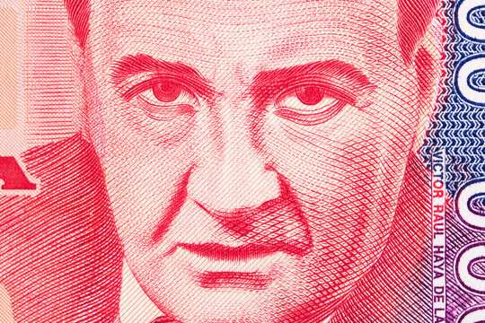 Victor Raul Haya de la Torre a closeup portrait from old Peruvian money