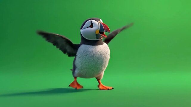 3D Puffin dancing with joyfull on green screen background.