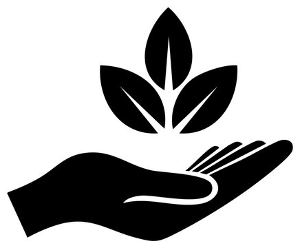 Holding nature in hand, black hand icon caring for environment and promoting sustainability