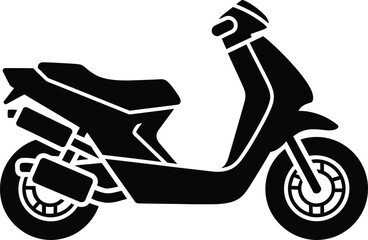 Black and white flat icon of a modern city motor scooter isolated on white background for transportation infographic urban travel motorcycle delivery and vehicle lifestyle design. © Vector Design
