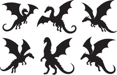 Flying dragon silhouettes collection fantasy dragon illustrations in flight, mythical creature icons, winged reptile symbols, legendary beast