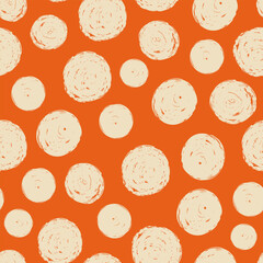 Seamless vector pattern with painted circles on orange background. Crayon texture polka dot grunge design. Abstract wallpaper, wrapping paper, textile design