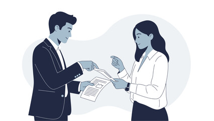 professional business meeting between man and woman discussing documents in a formal setting