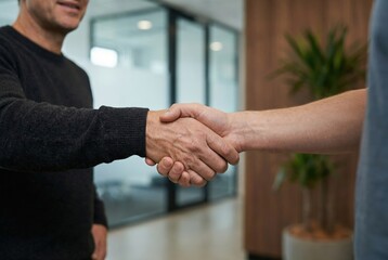 Two individuals are engaged in a handshake inside an office. They appear focused and are likely concluding a discussion related to work or business collaboration