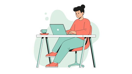 Young woman working on a laptop at a desk with a cup of tea in a modern home office setting