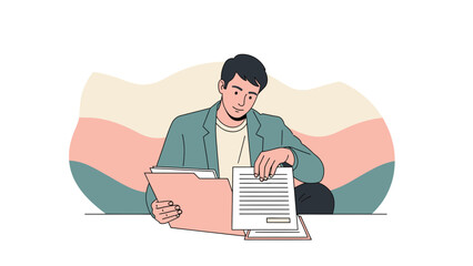 Professional young man working on documents and paperwork in a modern office setting